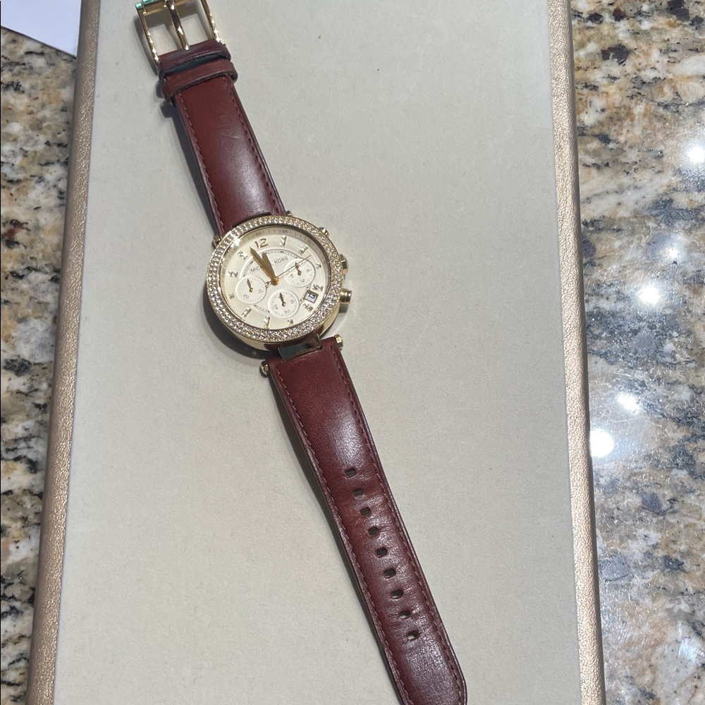 Michael Kors Brown Leather Strap Gold Watch